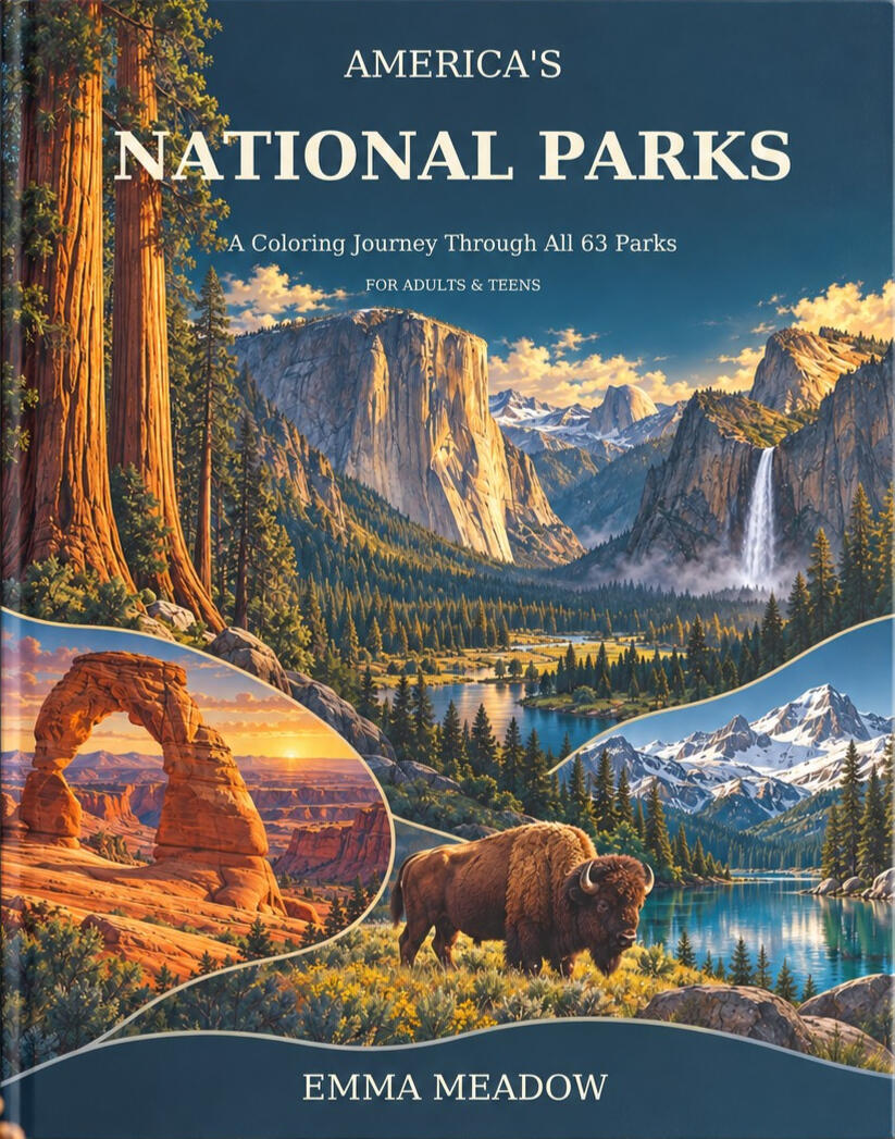 America’s National Parks Emma Meadow’s America’s National Parks coloring book featuring national park landscapes, wildlife, mountains, waterfalls, and scenic nature artwork.