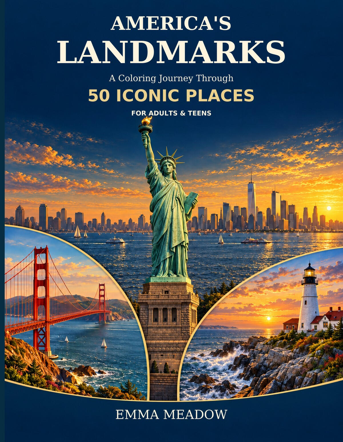 America’s National Parks Emma Meadow's America's Landmarks coloring book featuring iconic American landmarks, historic places, and travel-inspired coloring content.